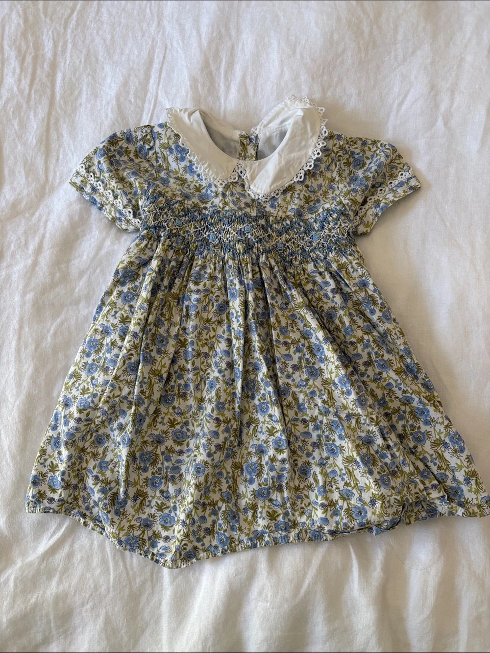 Amazon Girls Blue and Cream Floral Smocked Dress with White Peter Pan Collar